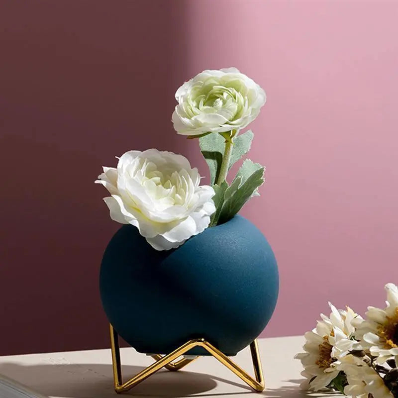 Blå keramisk blomkruka — metallstativ, 10 × 10.5 cm