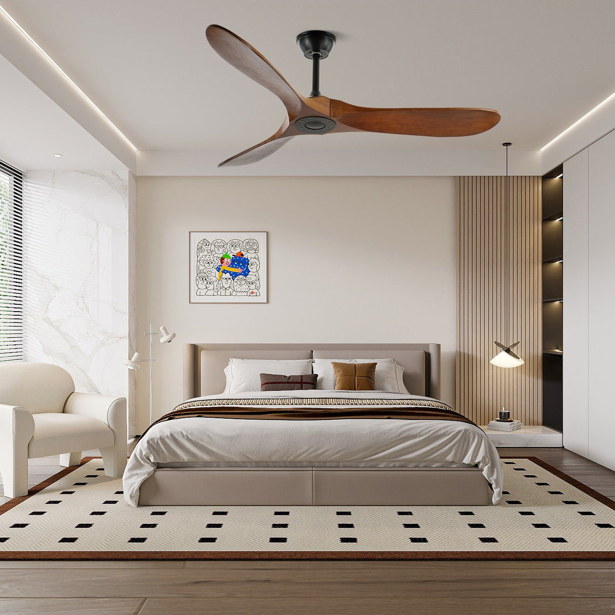 Ventilateur ultra-silencieux, 106cm/132cm — pales en noyer, 6 vitesses