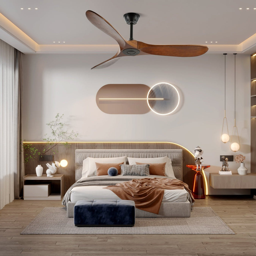Loftventilator i træ, fjernbetjening, 6 hastigheder, 35 W motor, 106/132 cm