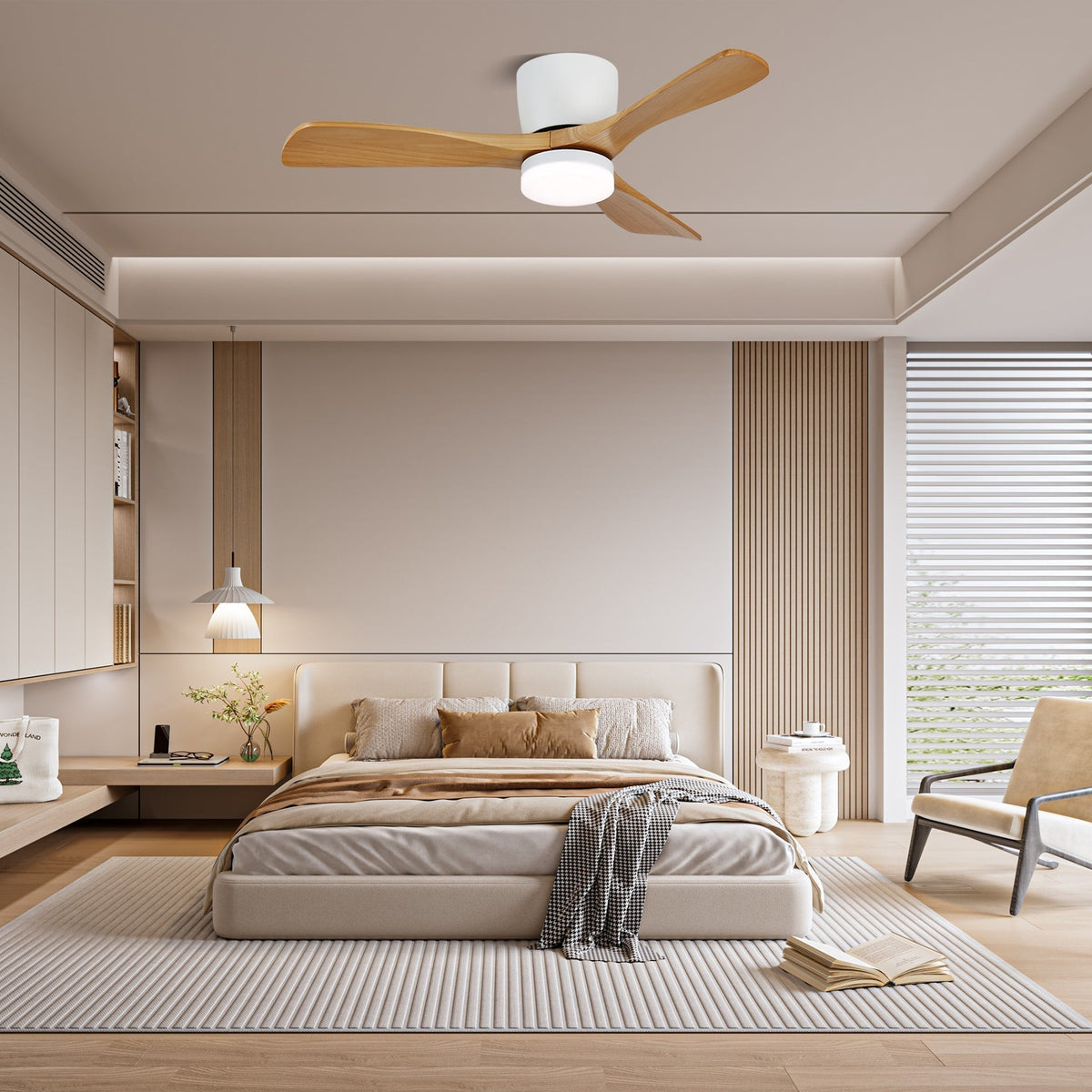 Wood-Blade Ceiling Fan with Light, 3 Speeds & Remote
