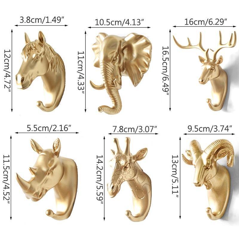 鋳鉄製動物ヘッドウォールフック - ゴールド、ホワイト＆ブラック