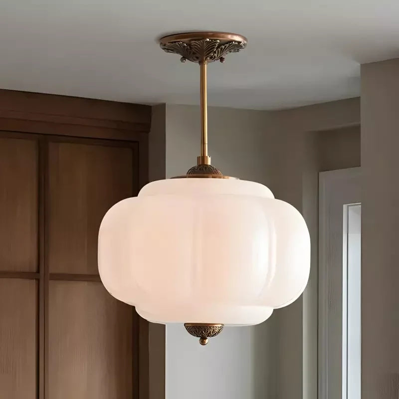 Antique Brass Ceiling Lamp – Green Glass Pumpkin Pendant