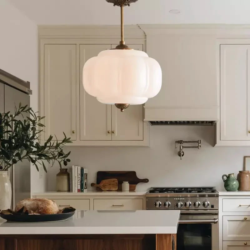Antique Brass Ceiling Lamp – Green Glass Pumpkin Pendant