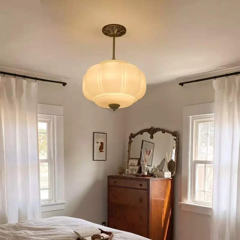 Antique Brass Ceiling Lamp – Green Glass Pumpkin Pendant