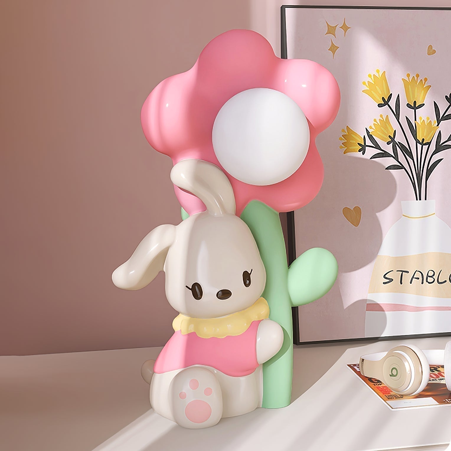 LumiBunny Nightstand Lamp — Rabbit and Floral Motif, Soft Ambient Glow