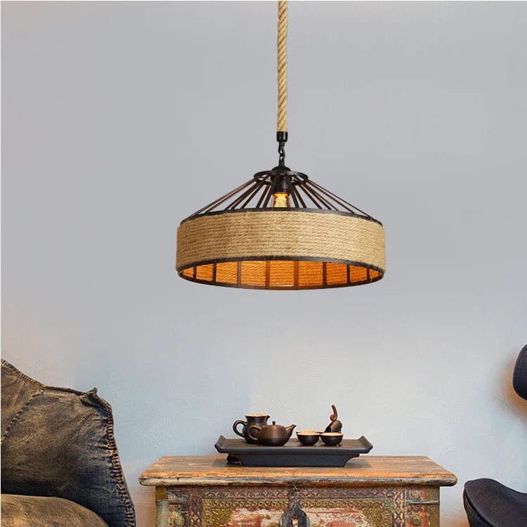 Ropehaven Vintage Pendant Light — Distressed Metal Shade, Hemp Rope Detail