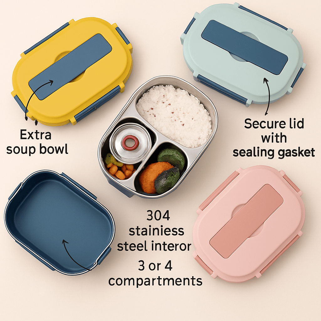 EduWave Fresh Flavor Stainless Steel Lunchbox — Divided Compartments, Smooth Interior Finish