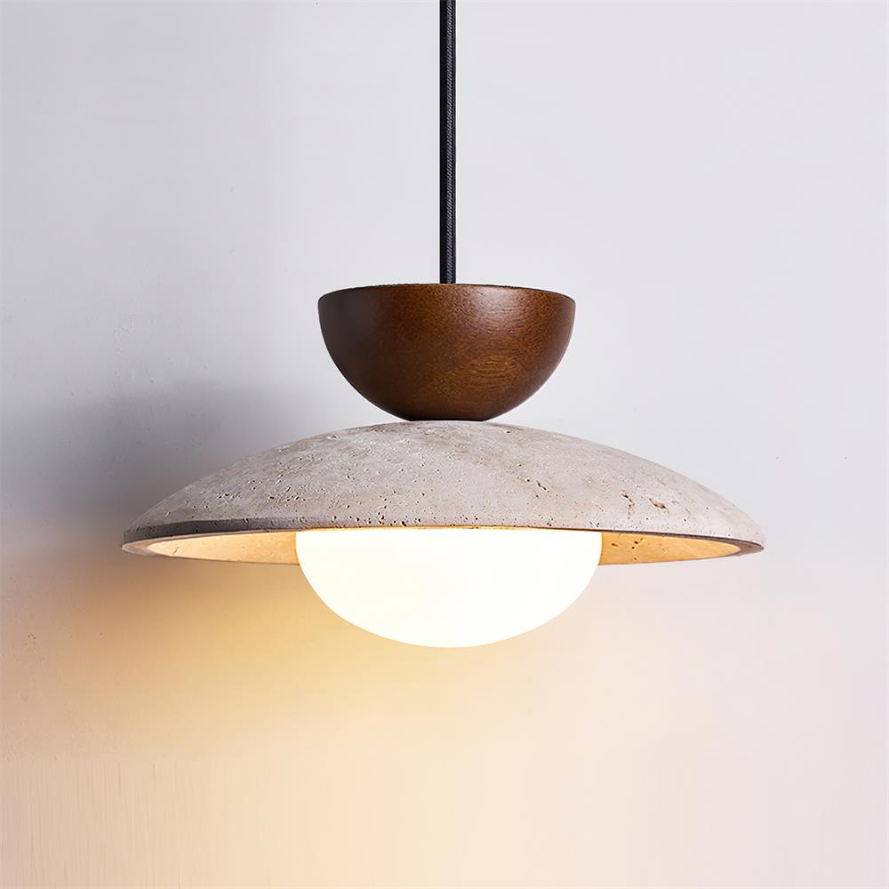 Travertine Shade, Glass Diffuser, Wood Accent Pendant Light