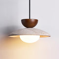 Travertine Shade, Glass Diffuser, Wood Accent Pendant Light