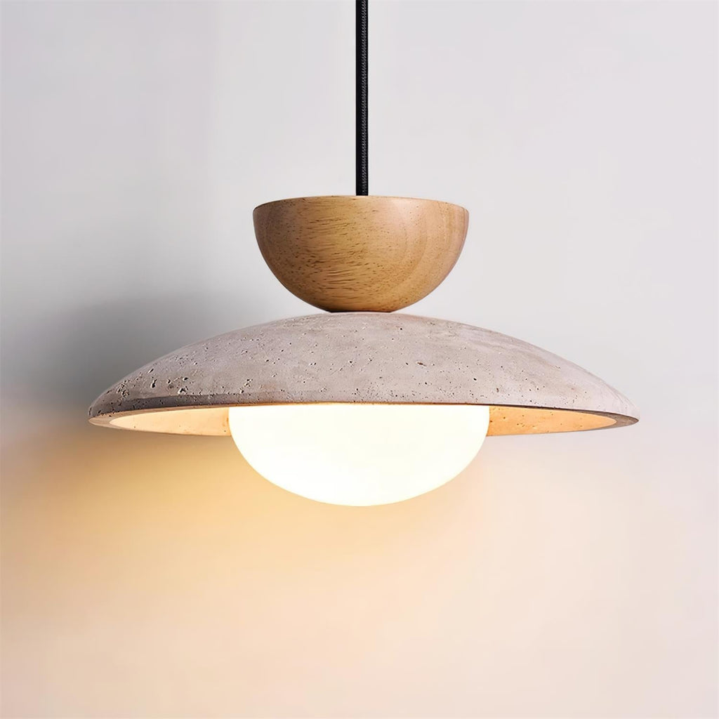 Travertine Shade, Glass Diffuser, Wood Accent Pendant Light