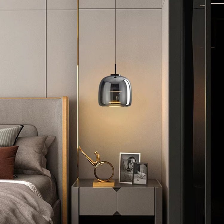 12-Inch Diameter Contemporary Pendant Light — Black Tinted Glass Shade, Metallic Hardware