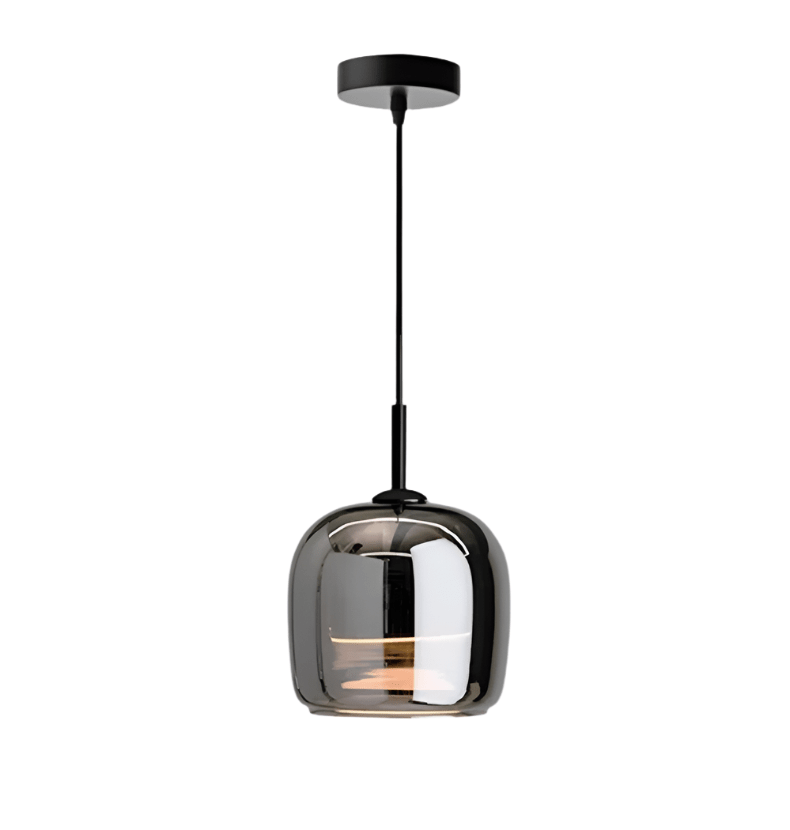 12-Inch Diameter Contemporary Pendant Light — Black Tinted Glass Shade, Metallic Hardware