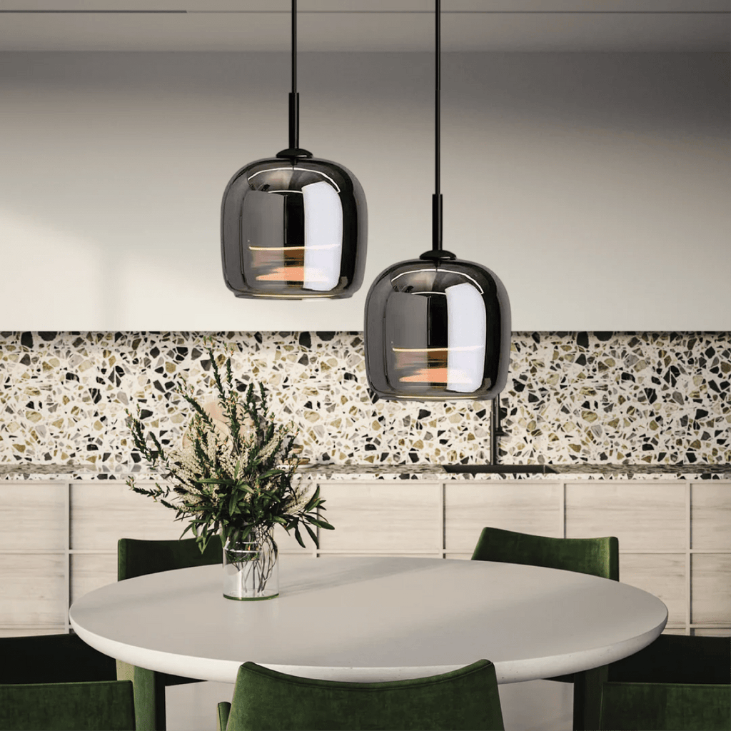 12-Inch Diameter Contemporary Pendant Light — Black Tinted Glass Shade, Metallic Hardware