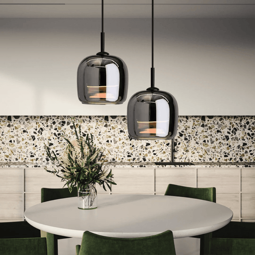 12-Inch Diameter Contemporary Pendant Light — Black Tinted Glass Shade, Metallic Hardware