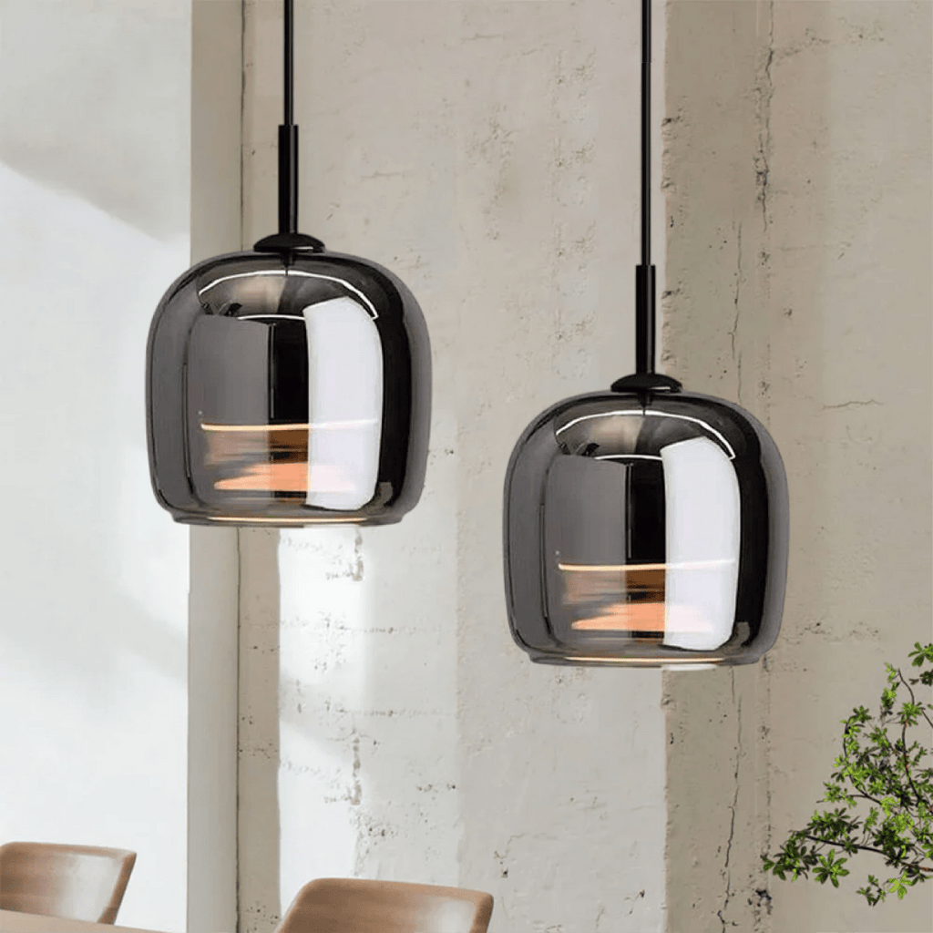 12-Inch Diameter Contemporary Pendant Light — Black Tinted Glass Shade, Metallic Hardware
