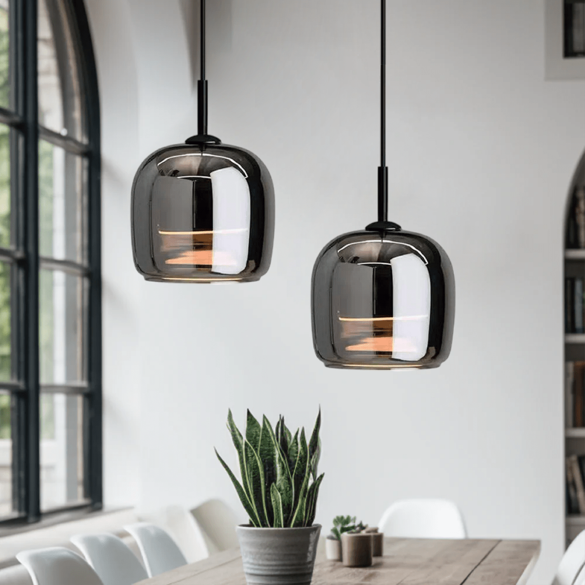 12-Inch Diameter Contemporary Pendant Light — Black Tinted Glass Shade, Metallic Hardware