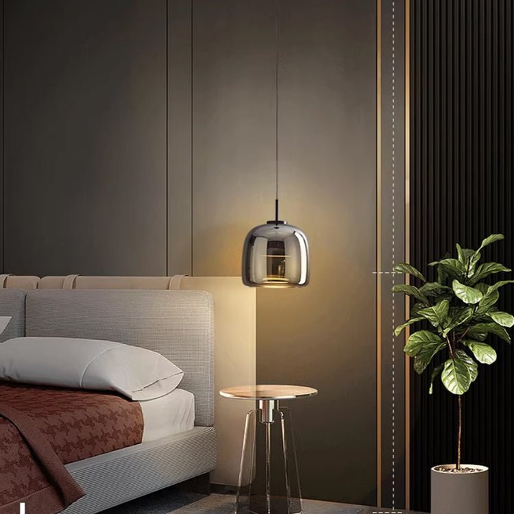 12-Inch Diameter Contemporary Pendant Light — Black Tinted Glass Shade, Metallic Hardware