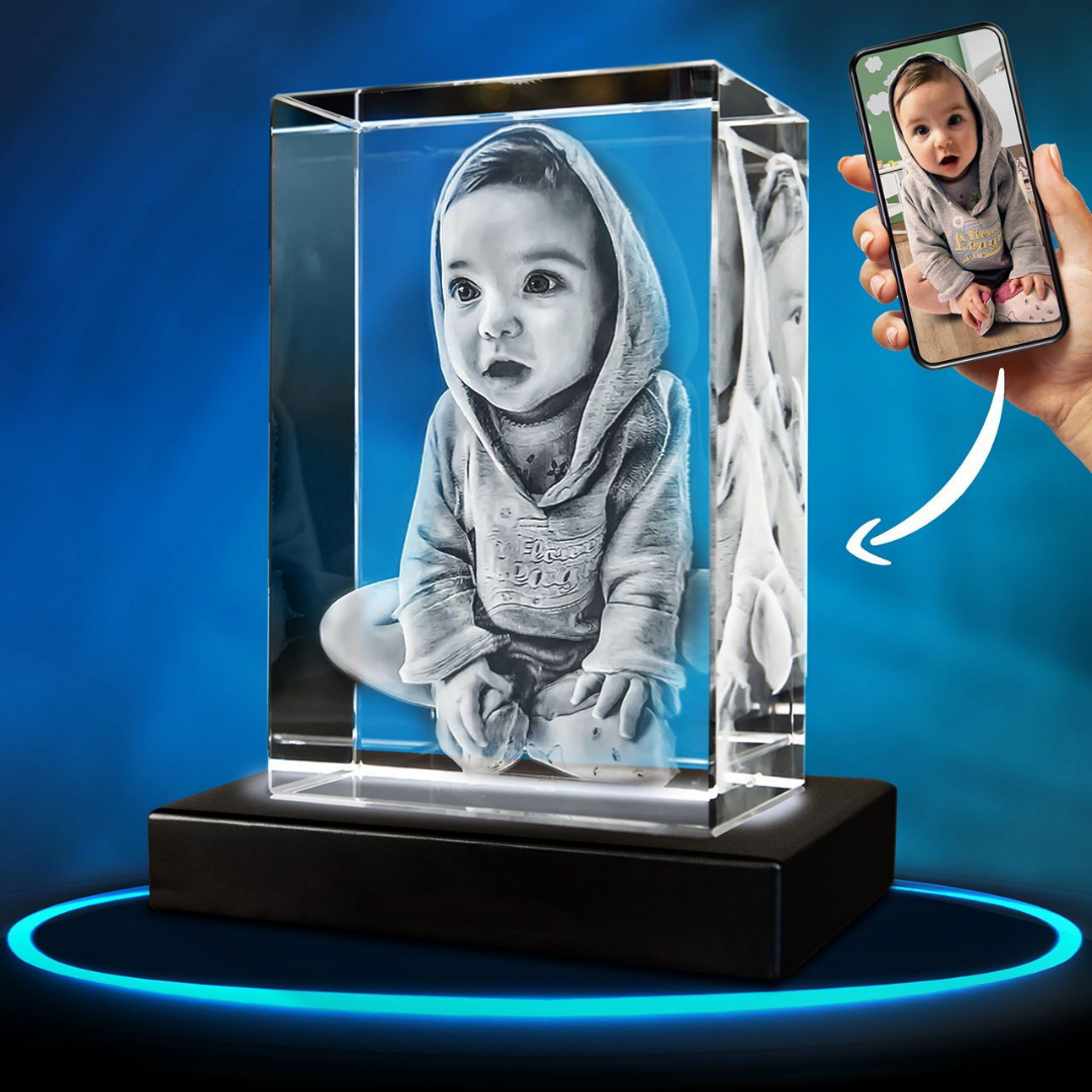 Souvenir en cristal 2D/3D — photo personnalisée, socle en bois lumineux