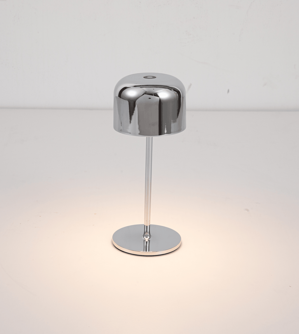 Trådlös LED-bordslampa - uppladdningsbar touchdimmer, IP54, 21 cm krom