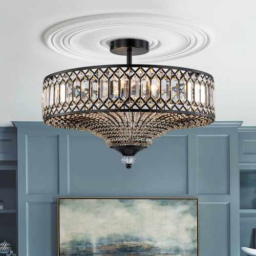 Loftlampe med 6 lys, krystaller og tromleform – plan montering
