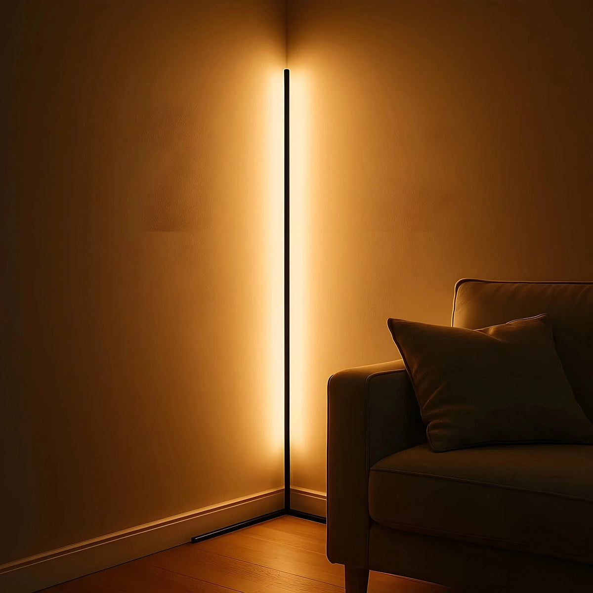 142cm LED-hjørnelampe af aluminium — dæmpbar, fjernbetjening, 3 farver