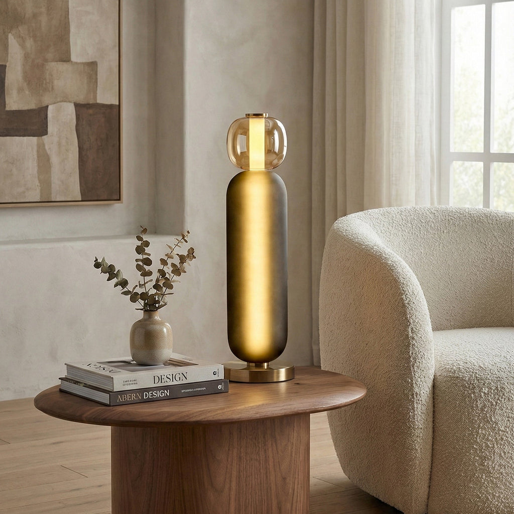 Glas-Tischlampe – goldener Fuß, farbige Schirme, 15-53 cm