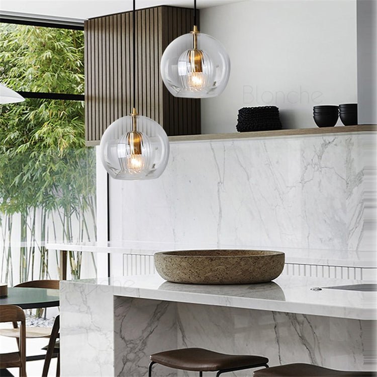 12-Inch Dual Glass Globe Pendant Light — Ribbed Inner Shade, Smooth Exterior