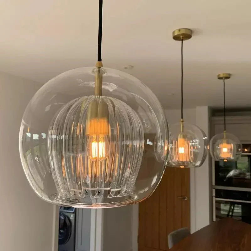 12-Inch Dual Glass Globe Pendant Light — Ribbed Inner Shade, Smooth Exterior