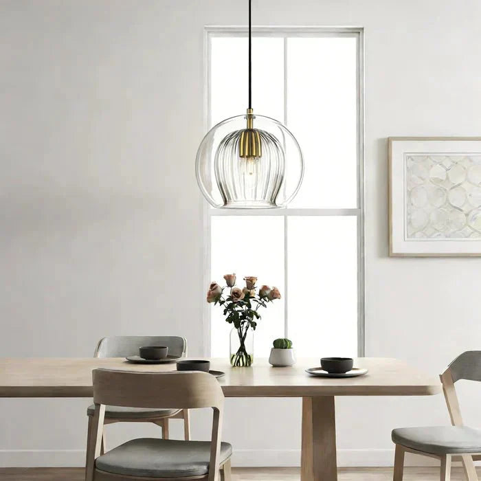 12-Inch Dual Glass Globe Pendant Light — Ribbed Inner Shade, Smooth Exterior