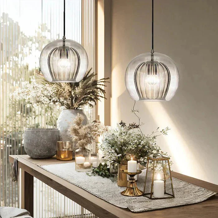 12-Inch Dual Glass Globe Pendant Light — Ribbed Inner Shade, Smooth Exterior
