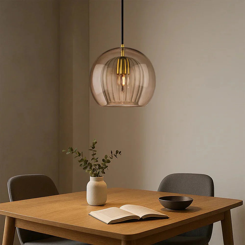 12-Inch Dual Glass Globe Pendant Light — Ribbed Inner Shade, Smooth Exterior