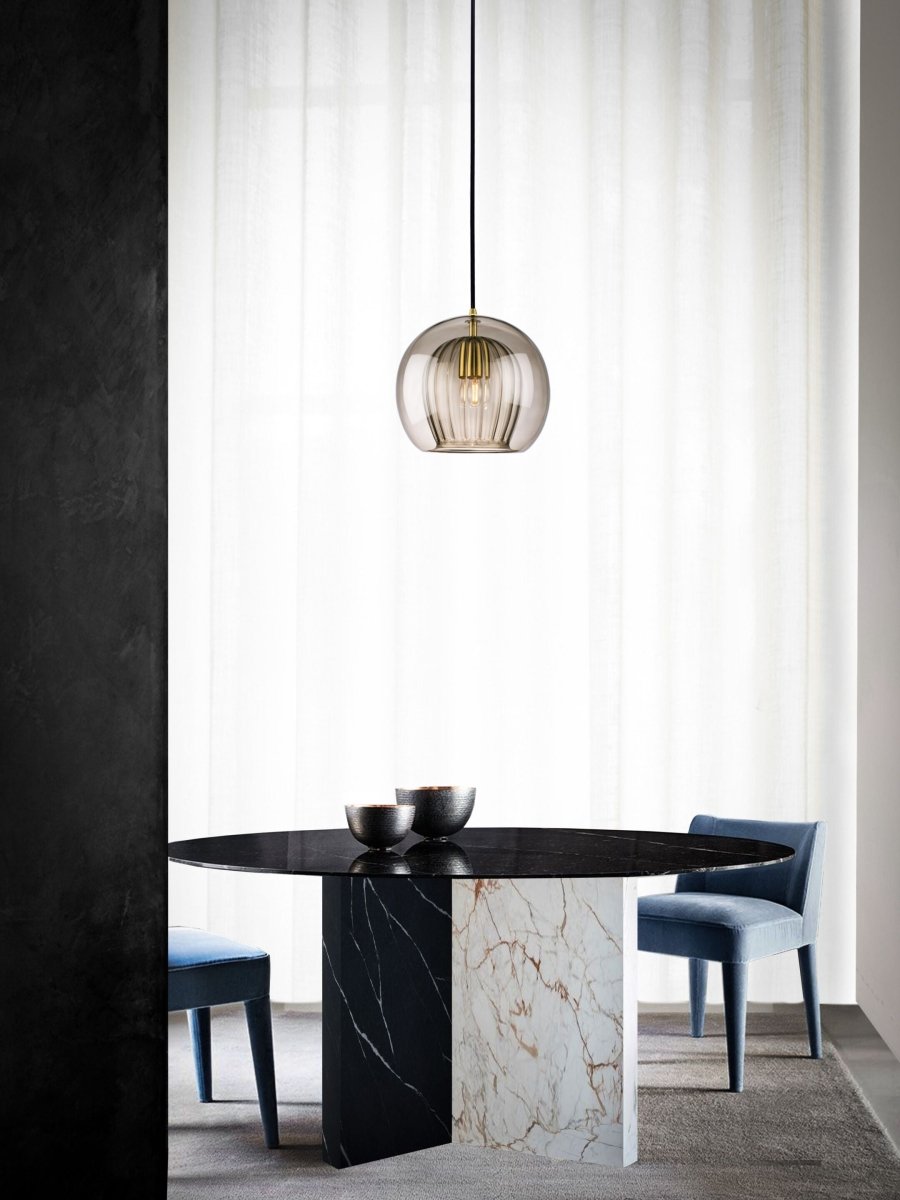 12-Inch Dual Glass Globe Pendant Light — Ribbed Inner Shade, Smooth Exterior