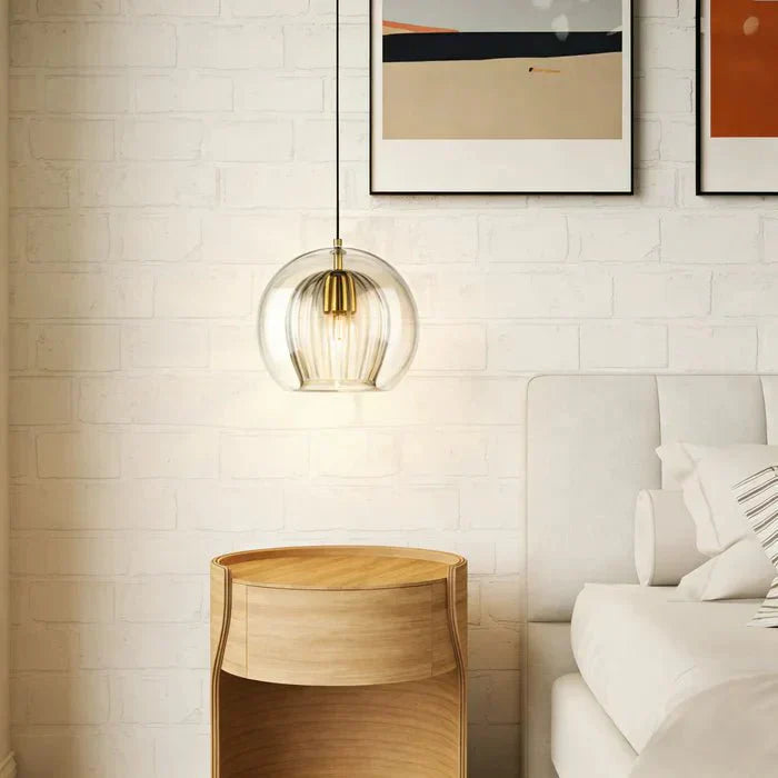 12-Inch Dual Glass Globe Pendant Light — Ribbed Inner Shade, Smooth Exterior