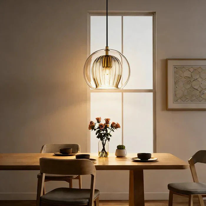 12-Inch Dual Glass Globe Pendant Light — Ribbed Inner Shade, Smooth Exterior