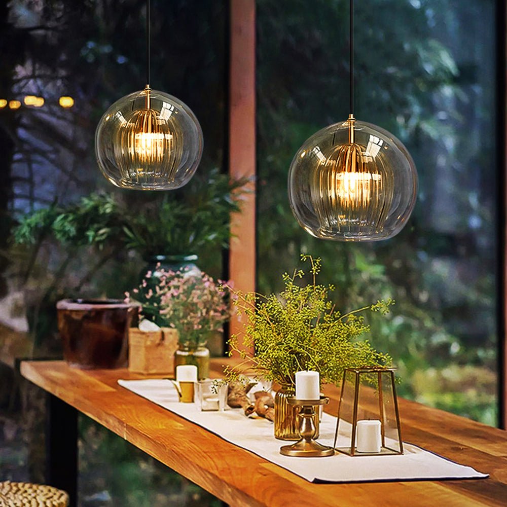 12-Inch Dual Glass Globe Pendant Light — Ribbed Inner Shade, Smooth Exterior