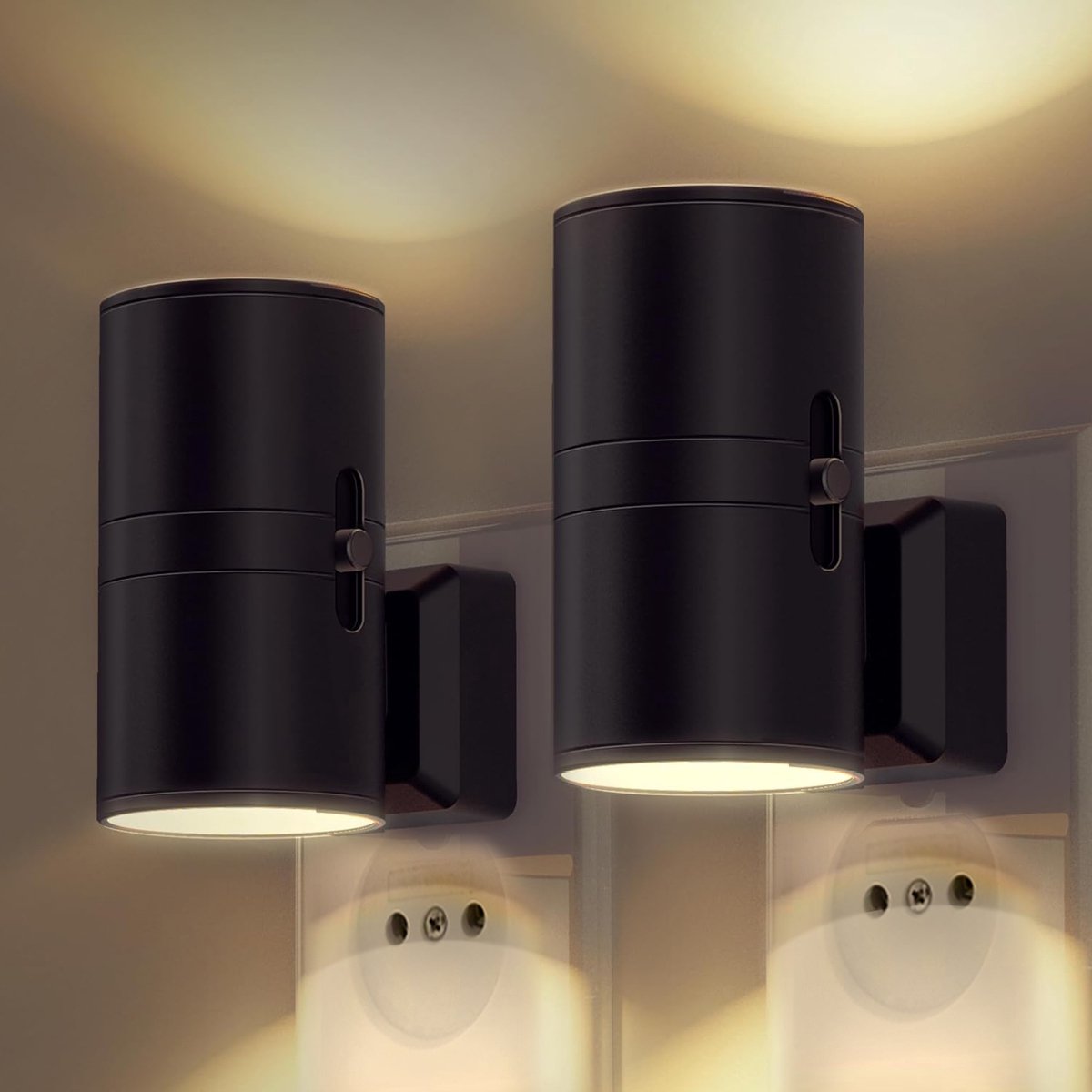 Dimbar vägglampa med stickkontakt — svart och vit LED-nattlampa