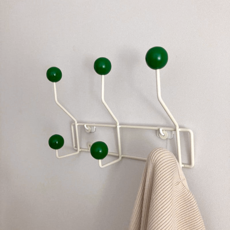 Cuier metalic — 3/4 cârlige, stil mid-century, galben/verde/alb