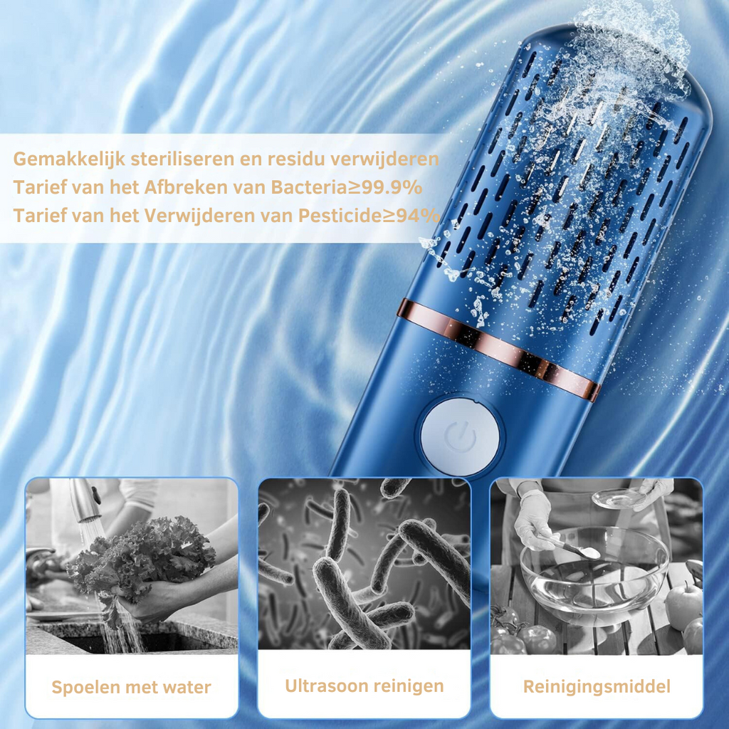 Draadloze, oplaadbare groentereiniger — hydroxyl-ionentechnologie