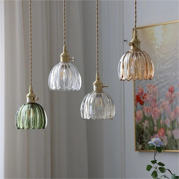 Height-Adjustable Glass Pendant Light — Floral-Inspired Shade, Warm Glow