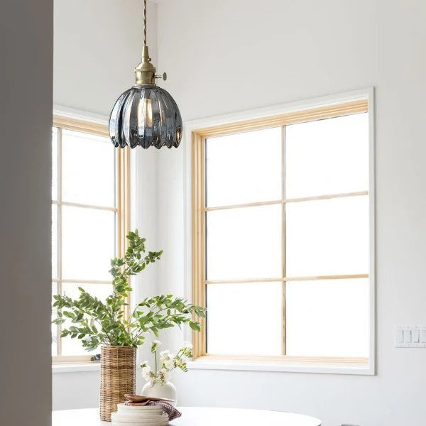 Height-Adjustable Glass Pendant Light — Floral-Inspired Shade, Warm Glow