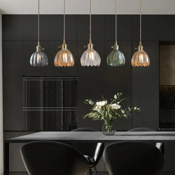 Height-Adjustable Glass Pendant Light — Floral-Inspired Shade, Warm Glow