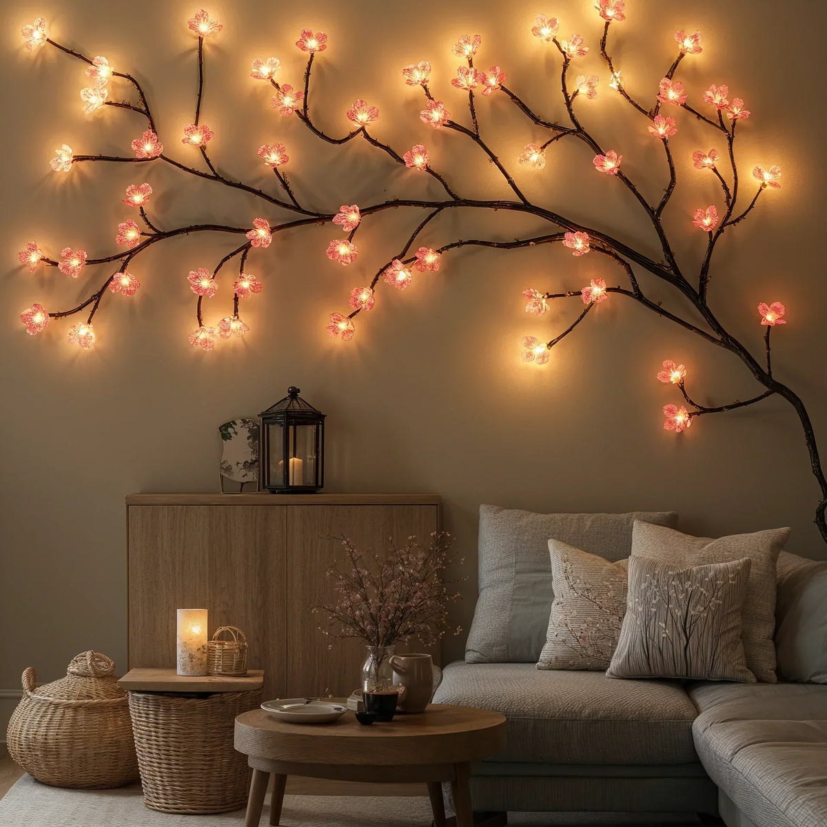 LED-Kirschblütenzweig 160cm, 72 Lichter, Pink, USB