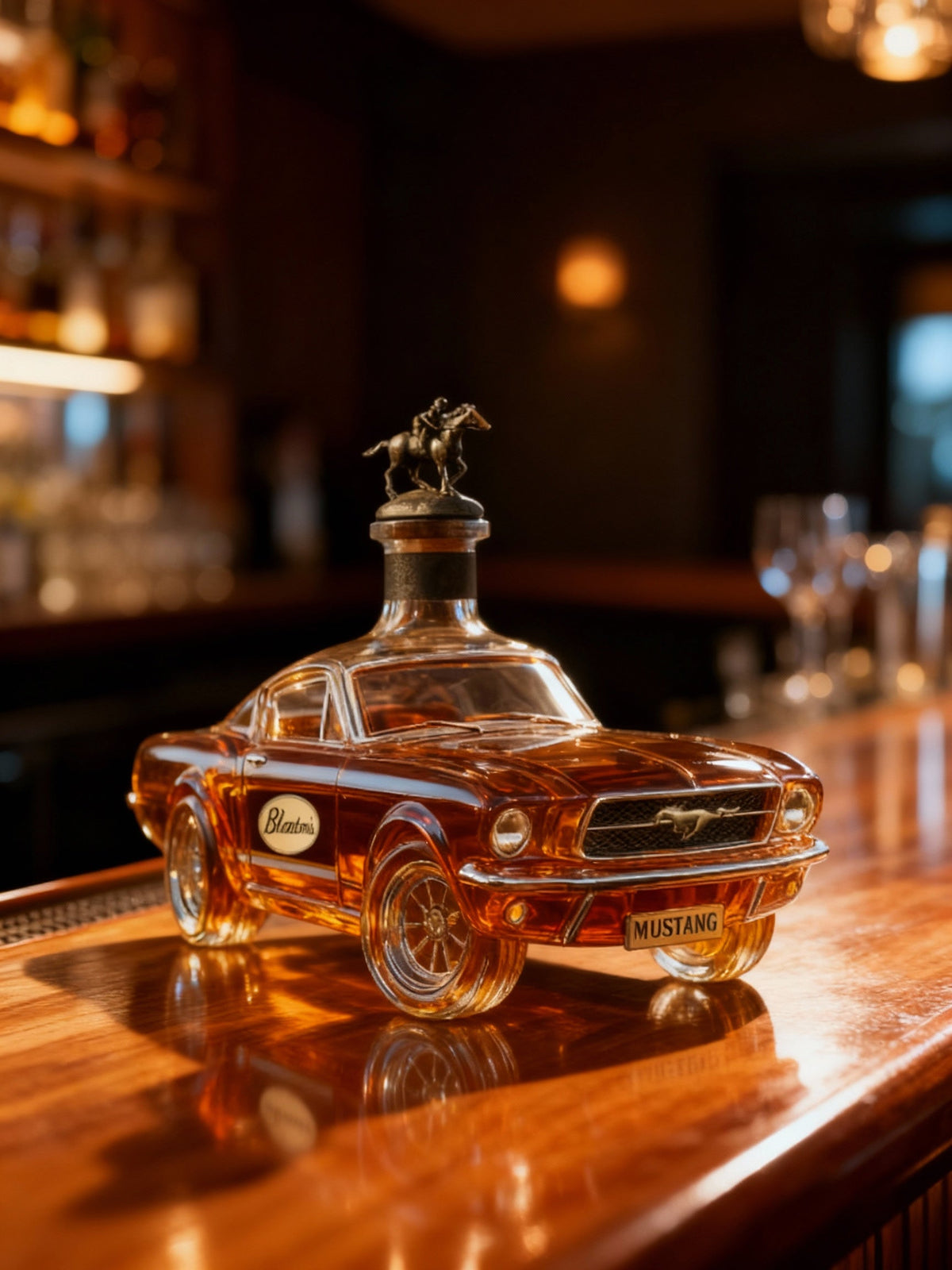 Whiskykaraf in de vorm van een auto, Mustang-stijl, glazen fles voor sterke drank