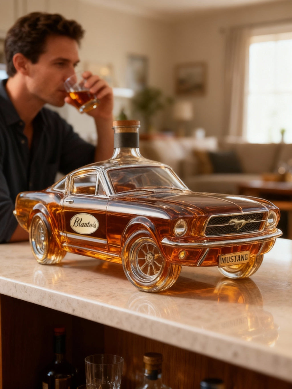 Whiskykaraf in de vorm van een auto, Mustang-stijl, glazen fles voor sterke drank
