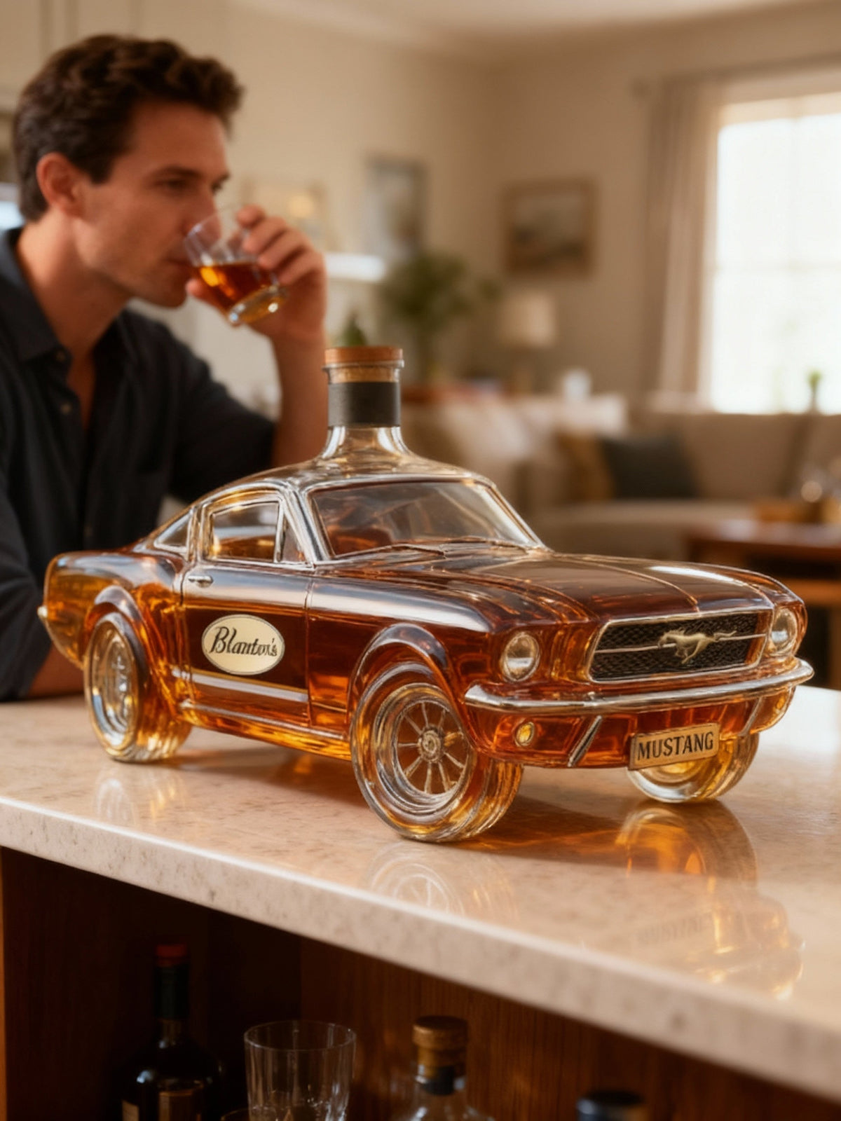 Whiskykaraf in de vorm van een auto, Mustang-stijl, glazen fles voor sterke drank
