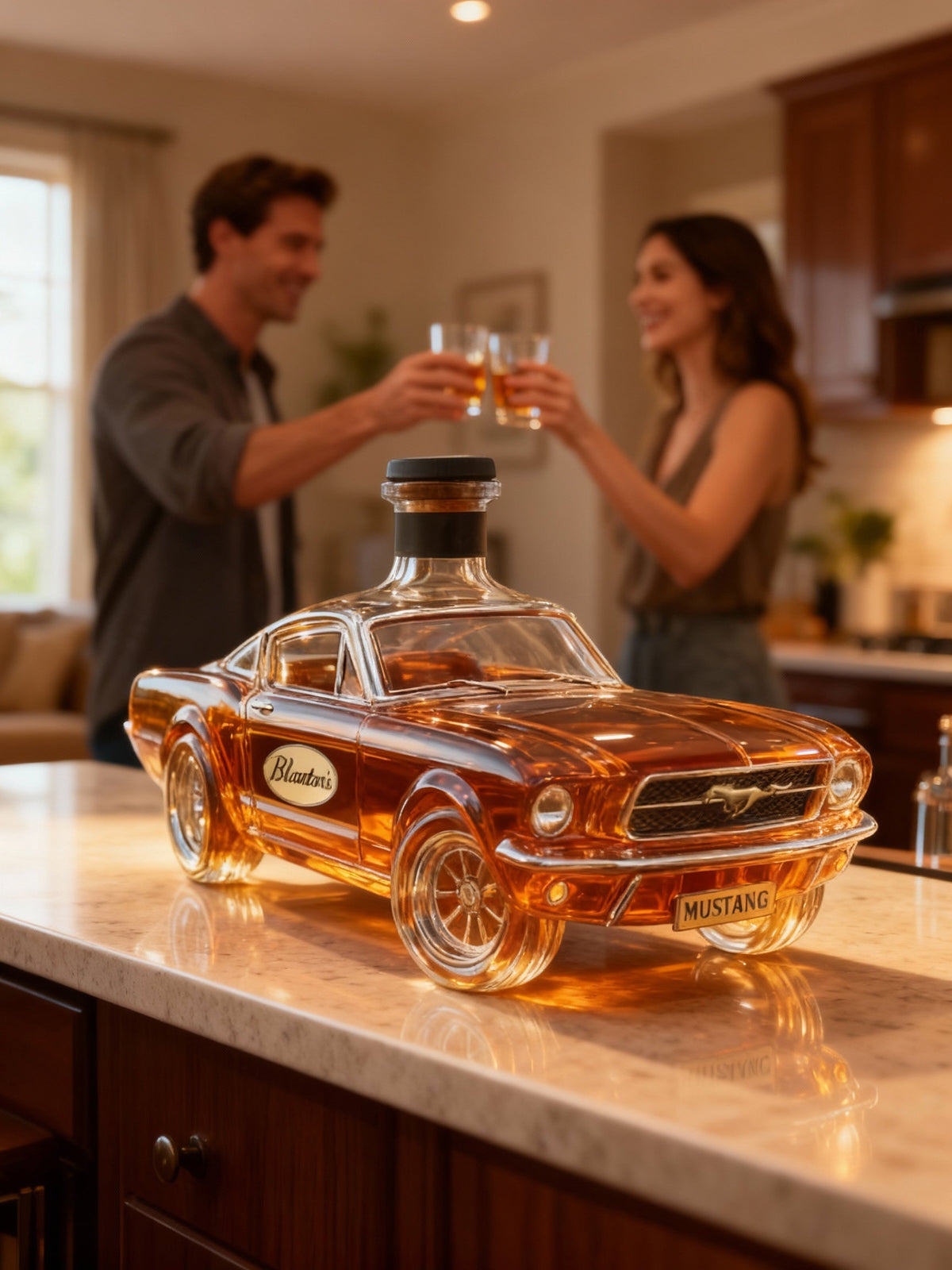 Whiskykaraf in de vorm van een auto, Mustang-stijl, glazen fles voor sterke drank