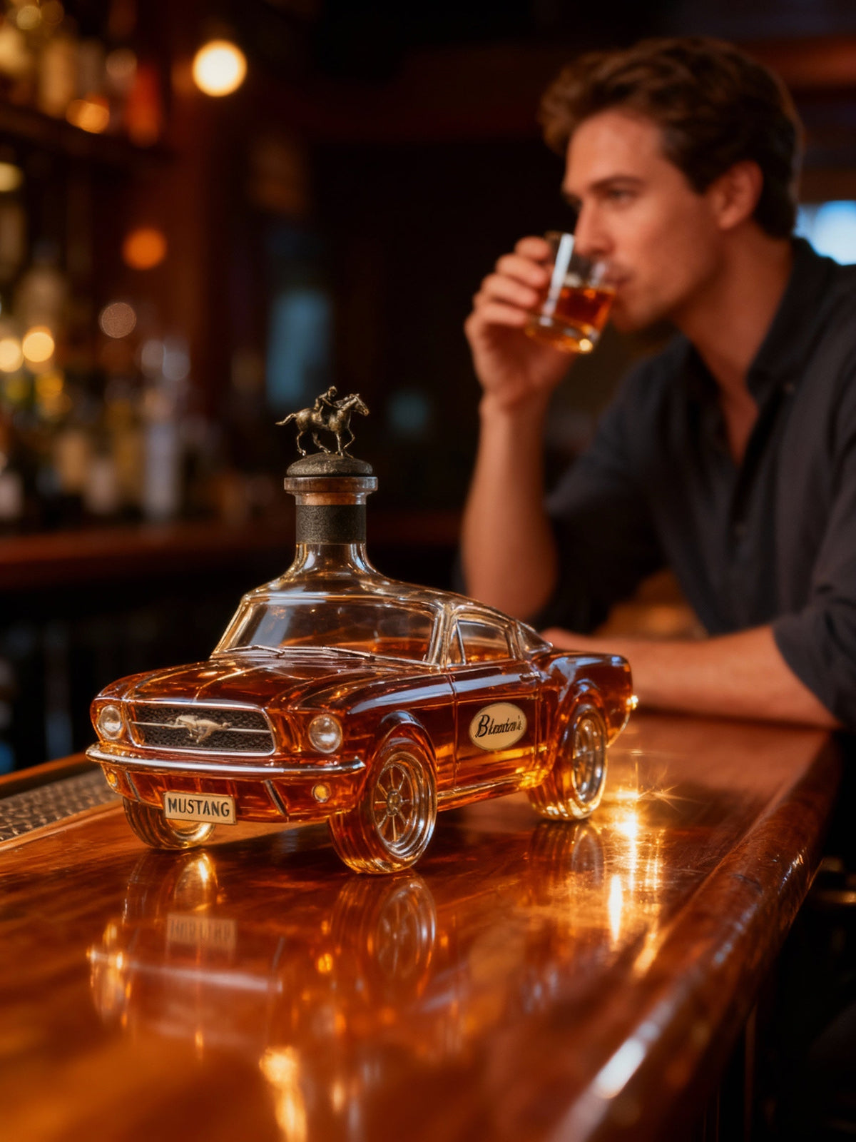 Whiskykaraf in de vorm van een auto, Mustang-stijl, glazen fles voor sterke drank