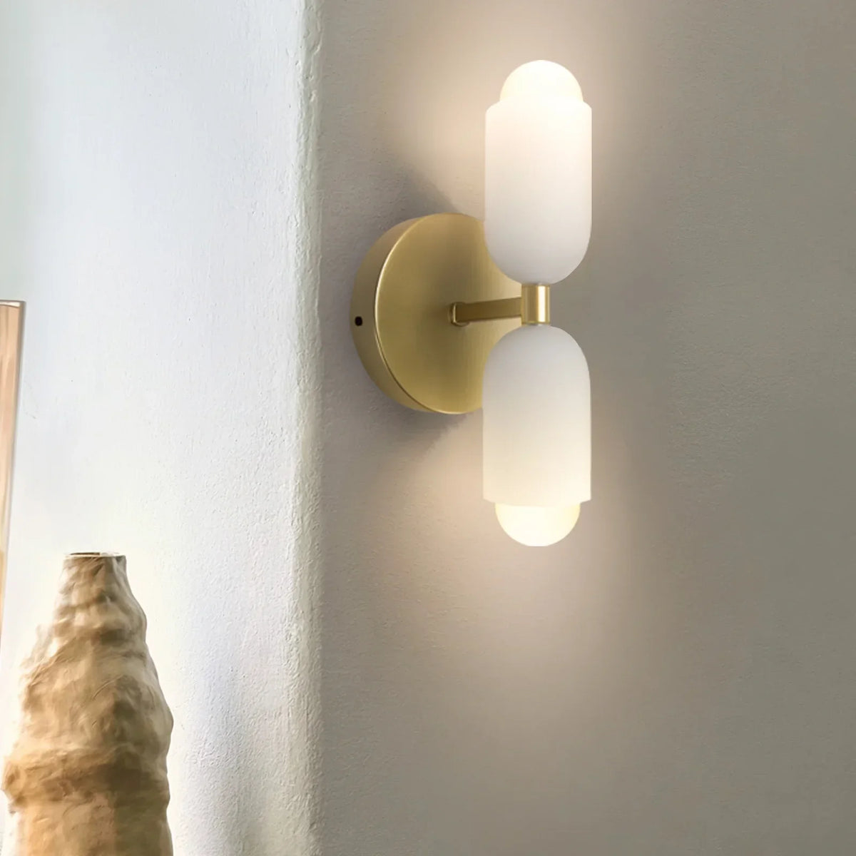 Doppelte französische Retro-Glaswandleuchte, Gold, E14