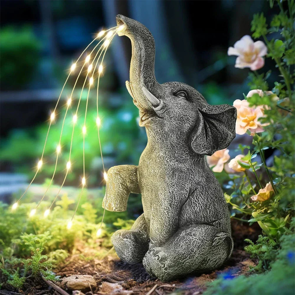Sloní zahradní dekorace na solární pohon — integrované LED teplé světlo