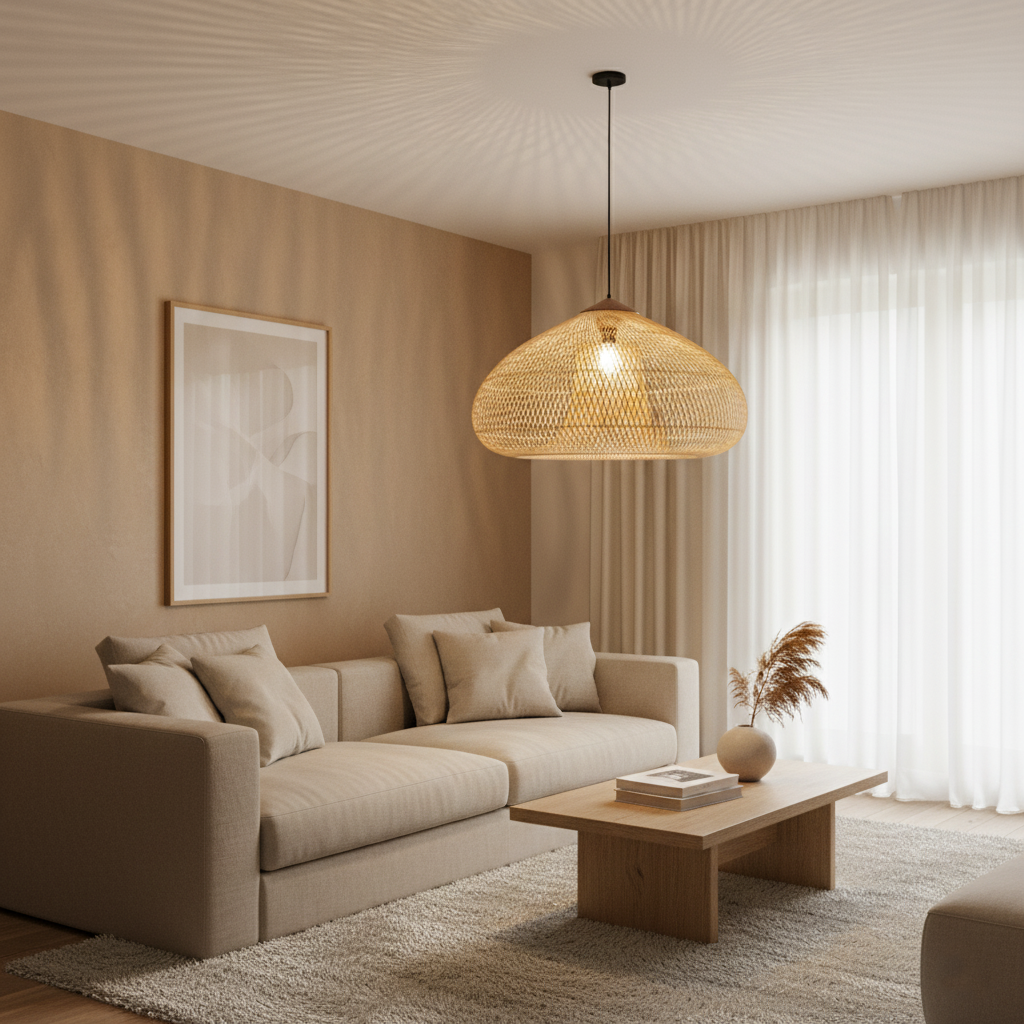 Lampă suspendată din ratan, lucrată manual - decor Japandi boho